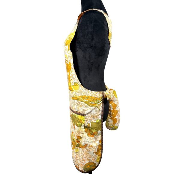 Vintage 1970s Harvest Vegetable Print Bib Apron Gold Green Orange Retro Kitchen - Picture 2 of 4